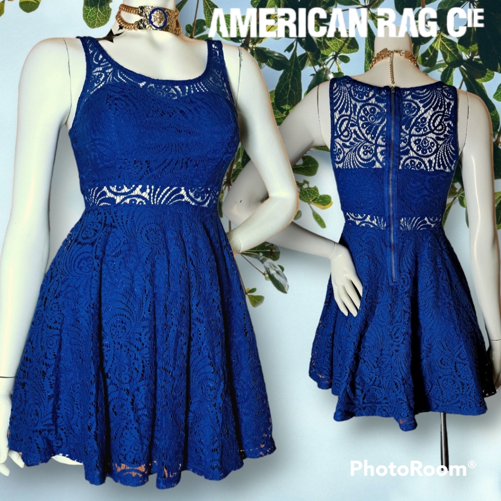 NEW American Rag Blue Alencon Lace Illusion Dress Coquette Full Skater Sz S